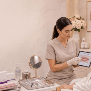 Professional nurse practitioner delivering Lip Filler Training in a modern cosmetic clinic setting