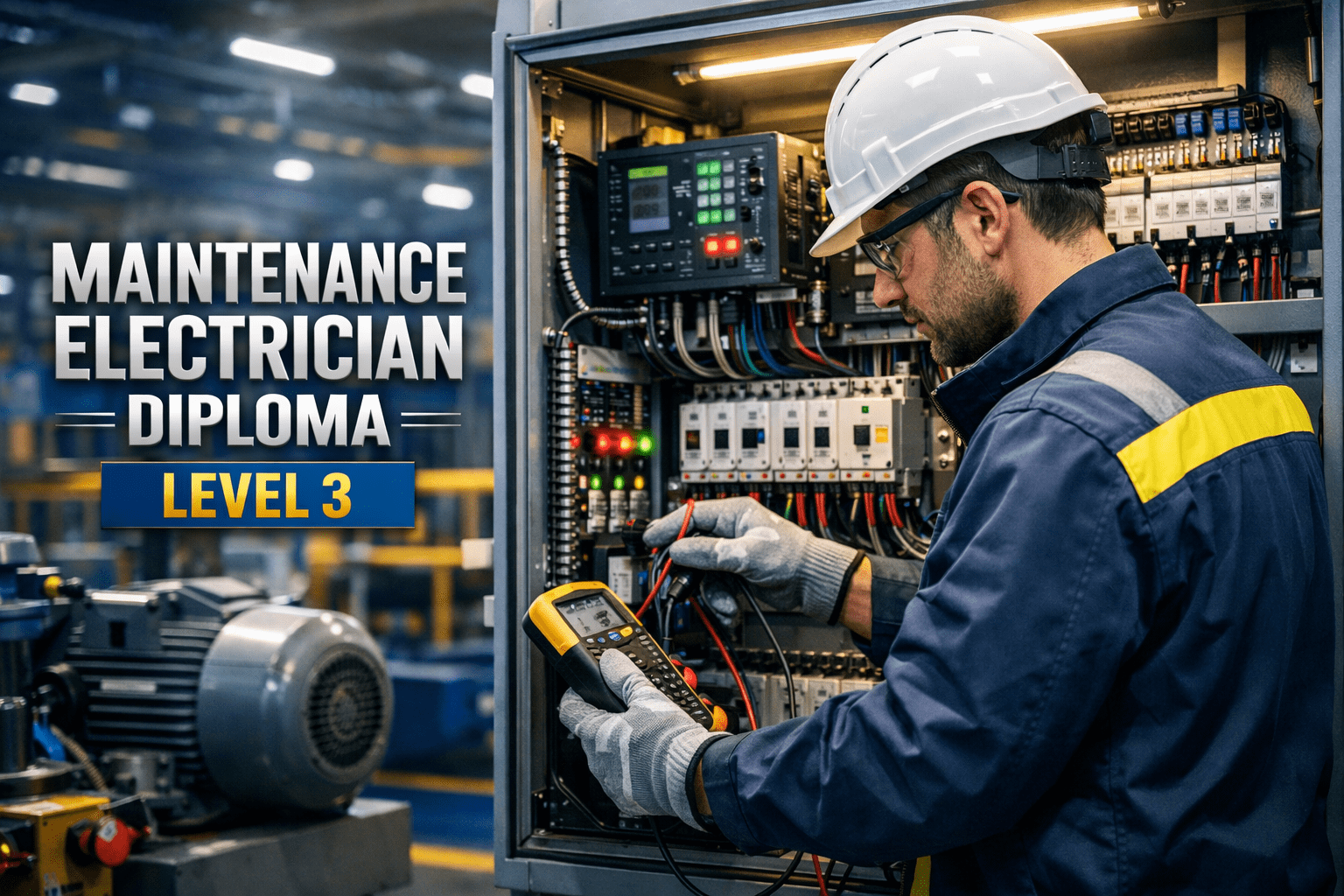 Skilled technician working on industrial control panel for maintenance electrician diploma training