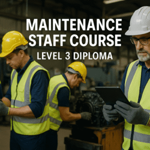 Maintenance Staff Course Level 3 Diploma showing technicians inspecting machinery in a workshop.