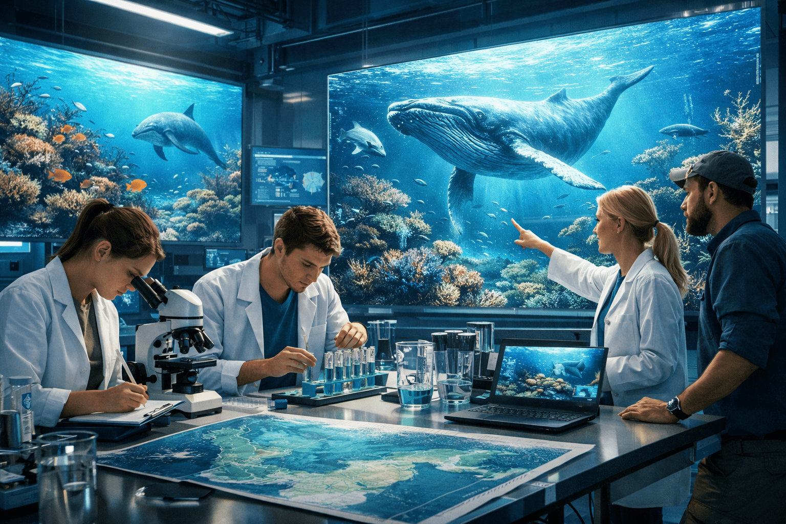 Marine biology diploma Level 3 students studying ocean ecosystems and marine species