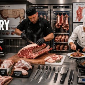 Professional chef and butcher demonstrating meat preparation during a Meat Butchery Course in a modern teaching kitchen.