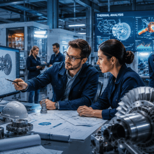 Mechanical engineers analysing industrial machinery in a Mechanical Engineering Course setting
