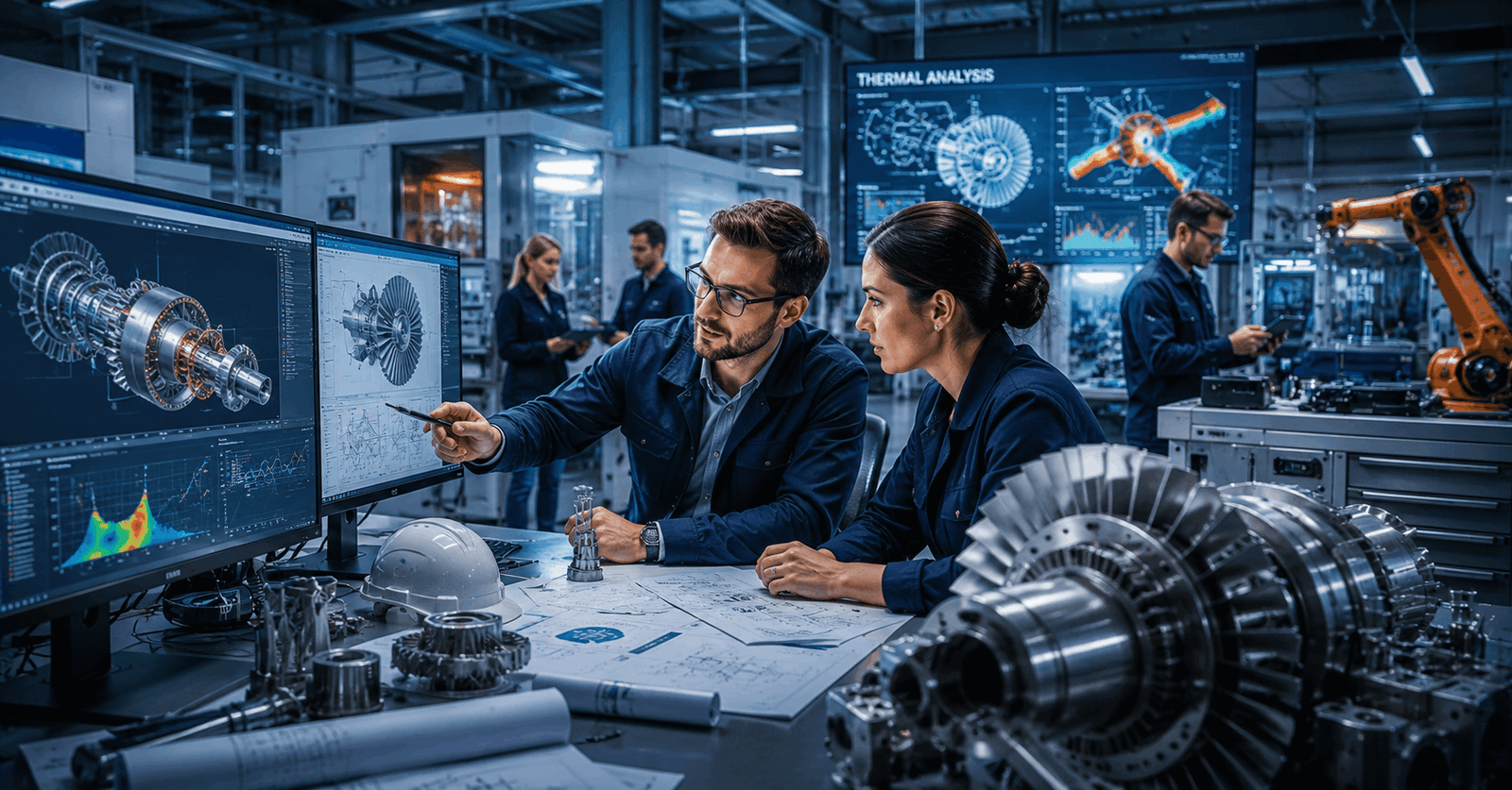 Mechanical engineers analysing industrial machinery in a Mechanical Engineering Course setting