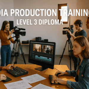Students learning camera, lighting and editing during media production training