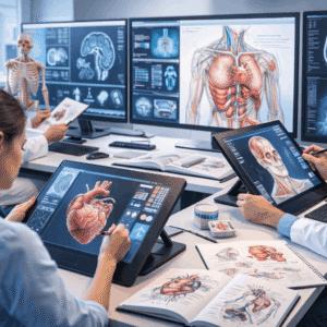 Medical Illustration Diploma training showing anatomical drawing, digital medical imaging and illustration software in use