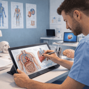 Medical Illustration Training showing a healthcare illustrator creating patient-friendly anatomy visuals on a digital tablet