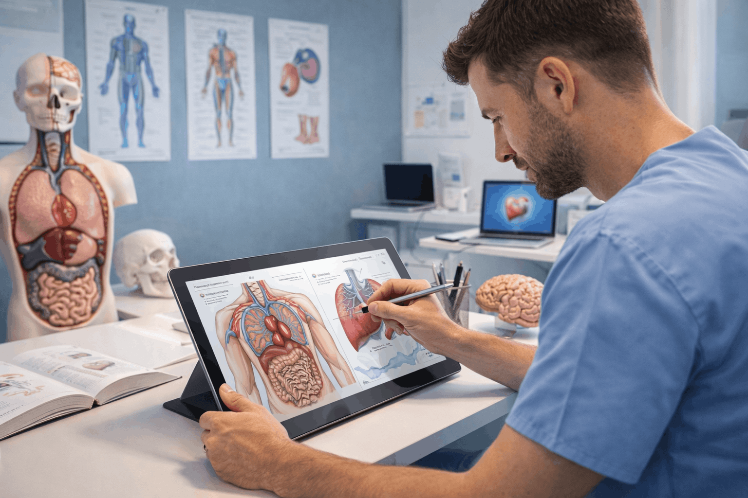 Medical Illustration Training showing a healthcare illustrator creating patient-friendly anatomy visuals on a digital tablet