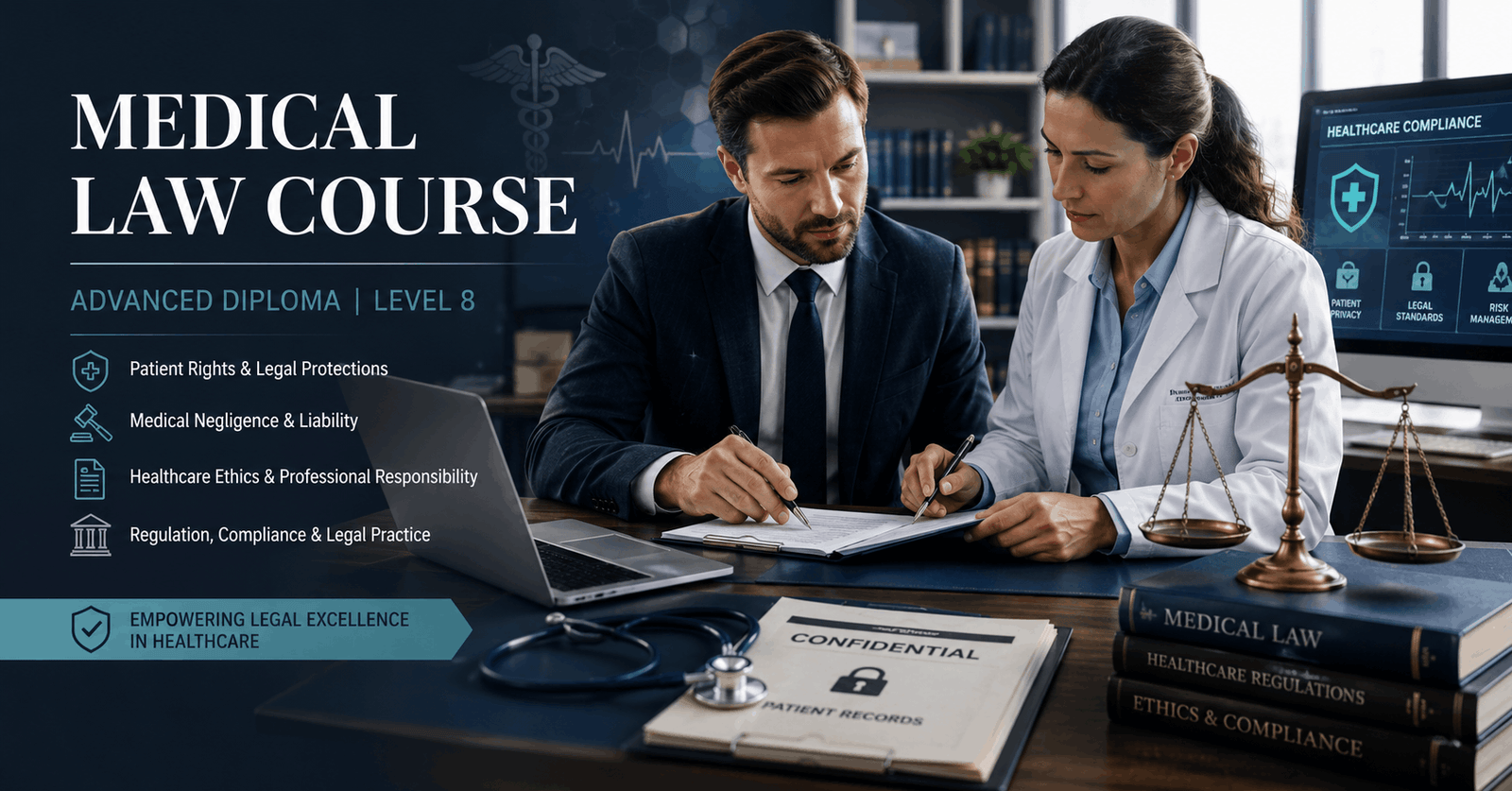 Professional healthcare legal consultation scene for Medical Law Course online training