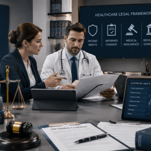 Healthcare legal professionals discussing cases in Medical Law Diploma training