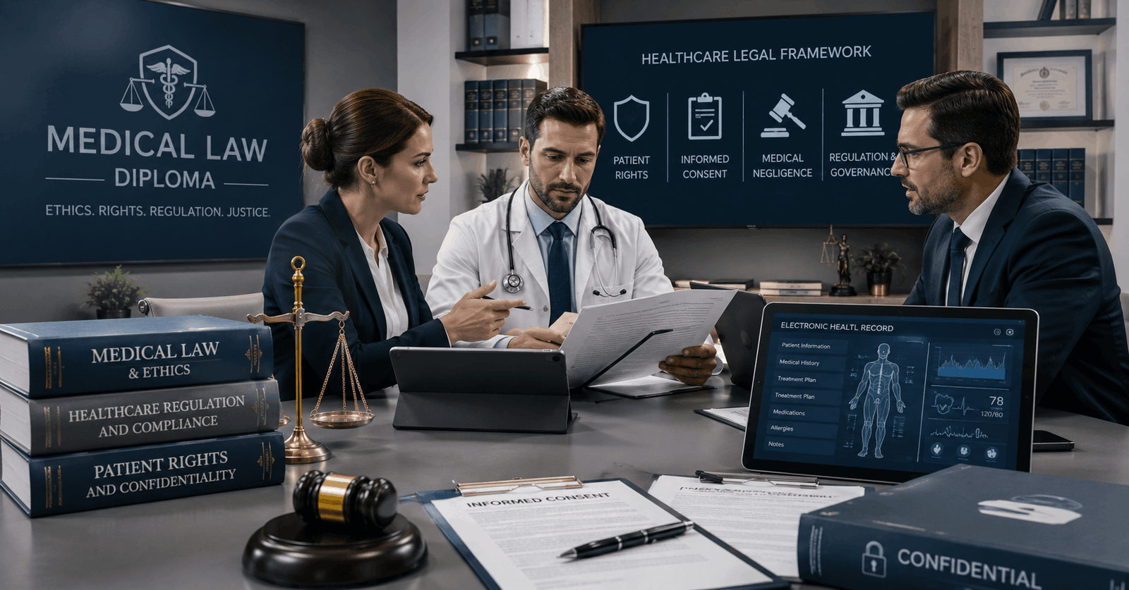 Healthcare legal professionals discussing cases in Medical Law Diploma training