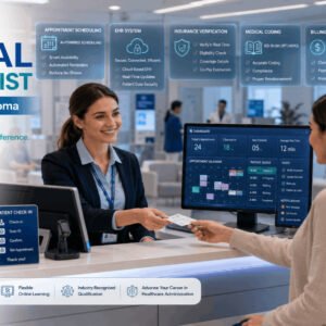 Professional medical receptionist assisting patients using EHR systems during Medical Receptionist Diploma training.