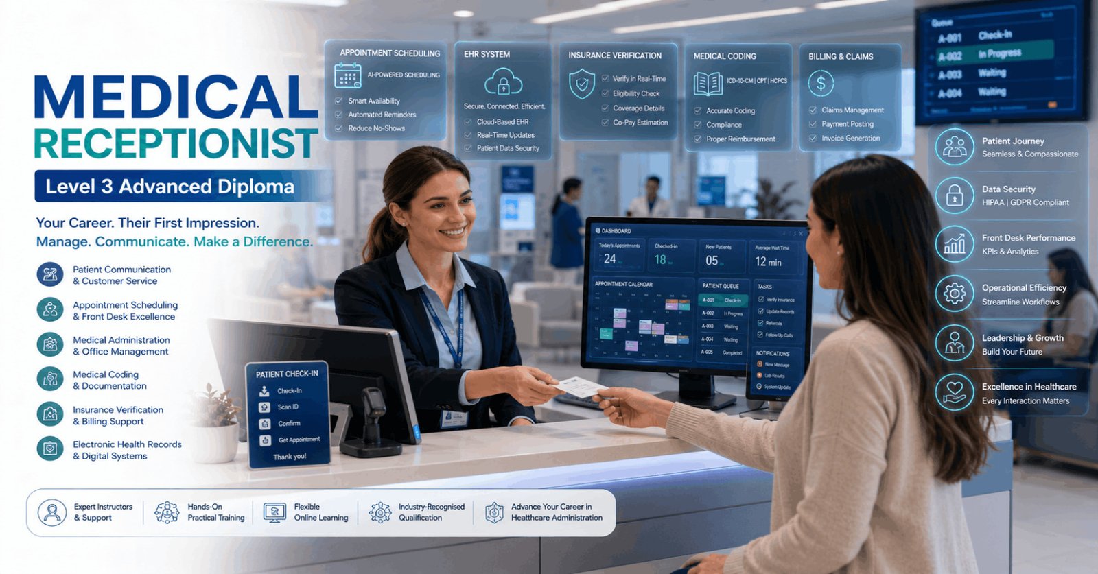 Professional medical receptionist assisting patients using EHR systems during Medical Receptionist Diploma training.