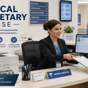 Professional medical secretary managing patient records during a Medical Secretary Course in a modern healthcare office.