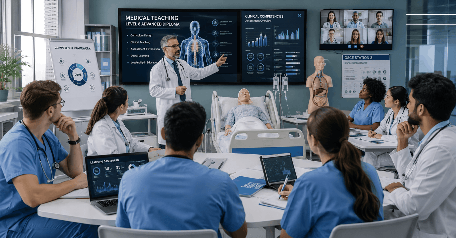 Medical Teaching Diploma educators leading clinical and digital medical training in a modern healthcare classroom