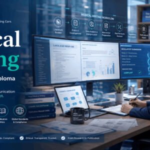 Medical writer preparing clinical research documents during Medical Writing Diploma training using digital publishing tools.