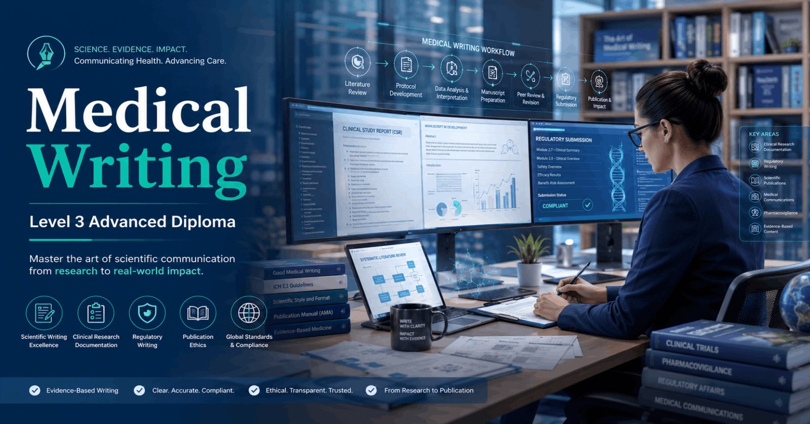 Medical writer preparing clinical research documents during Medical Writing Diploma training using digital publishing tools.