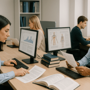 Medical Writing Level 3 Diploma students preparing scientific and regulatory documents in a professional workspace.