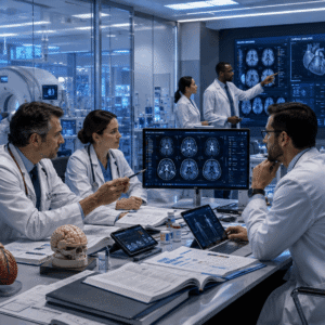 Professional Medicine Diploma training environment with doctors reviewing patient diagnostics and medical reports
