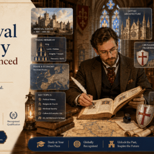 Medieval History Diploma course featuring castles, knights, manuscripts, cathedrals, and medieval European history.