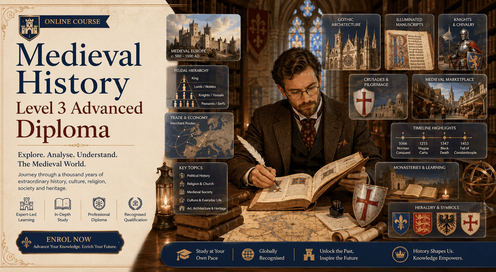 Medieval History Diploma course featuring castles, knights, manuscripts, cathedrals, and medieval European history.