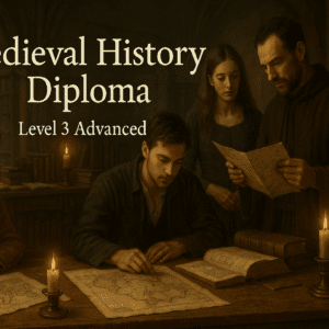 Medieval History Diploma Level 3 students studying feudal Europe and Renaissance transition in a historical library scene