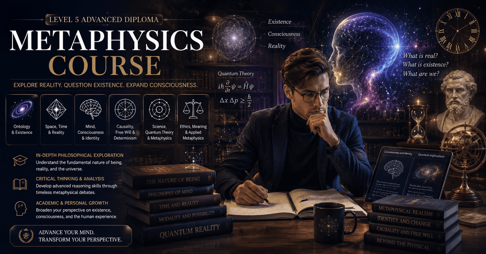 Scholar studying consciousness and existence in a Metaphysics Course learning environment