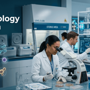 Modern laboratory research scene for Microbiology Diploma online course
