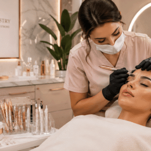 Professional beauty artist performing eyebrow treatment for Microblading Diploma Level 8 training