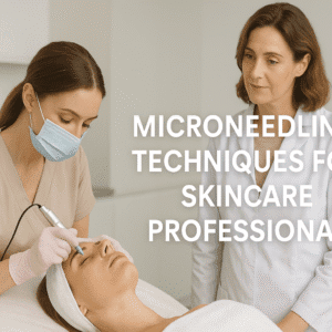 Aesthetic student practising microneedling techniques on model under instructor supervision in a clean skincare training studio.