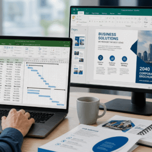 Professional using Microsoft Project and Publisher tools in Microsoft Project Publisher Course workspace