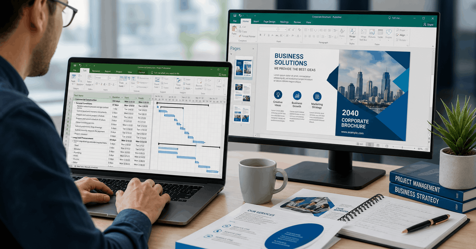 Professional using Microsoft Project and Publisher tools in Microsoft Project Publisher Course workspace