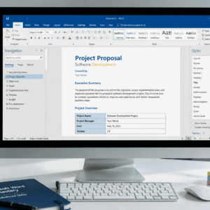 Professional Microsoft Word course showing advanced document editing, formatting tools, and template design on a modern computer screen