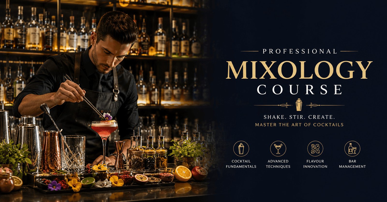 Mixology Course featuring a professional mixologist crafting premium cocktails behind a modern bar using specialist tools.