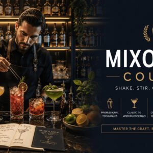 Mixology Course featuring a professional mixologist preparing premium cocktails with modern bar tools and elegant garnishes.