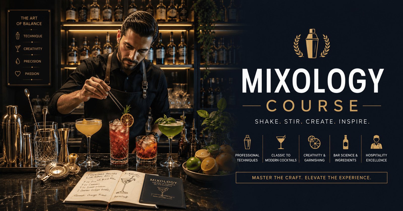 Mixology Course featuring a professional mixologist preparing premium cocktails with modern bar tools and elegant garnishes.