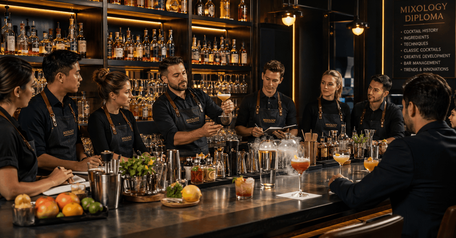Mixology Diploma students preparing creative cocktails in a premium modern bar training environment