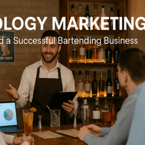 bartender presenting marketing strategy for mixology business with laptop and cocktail setup