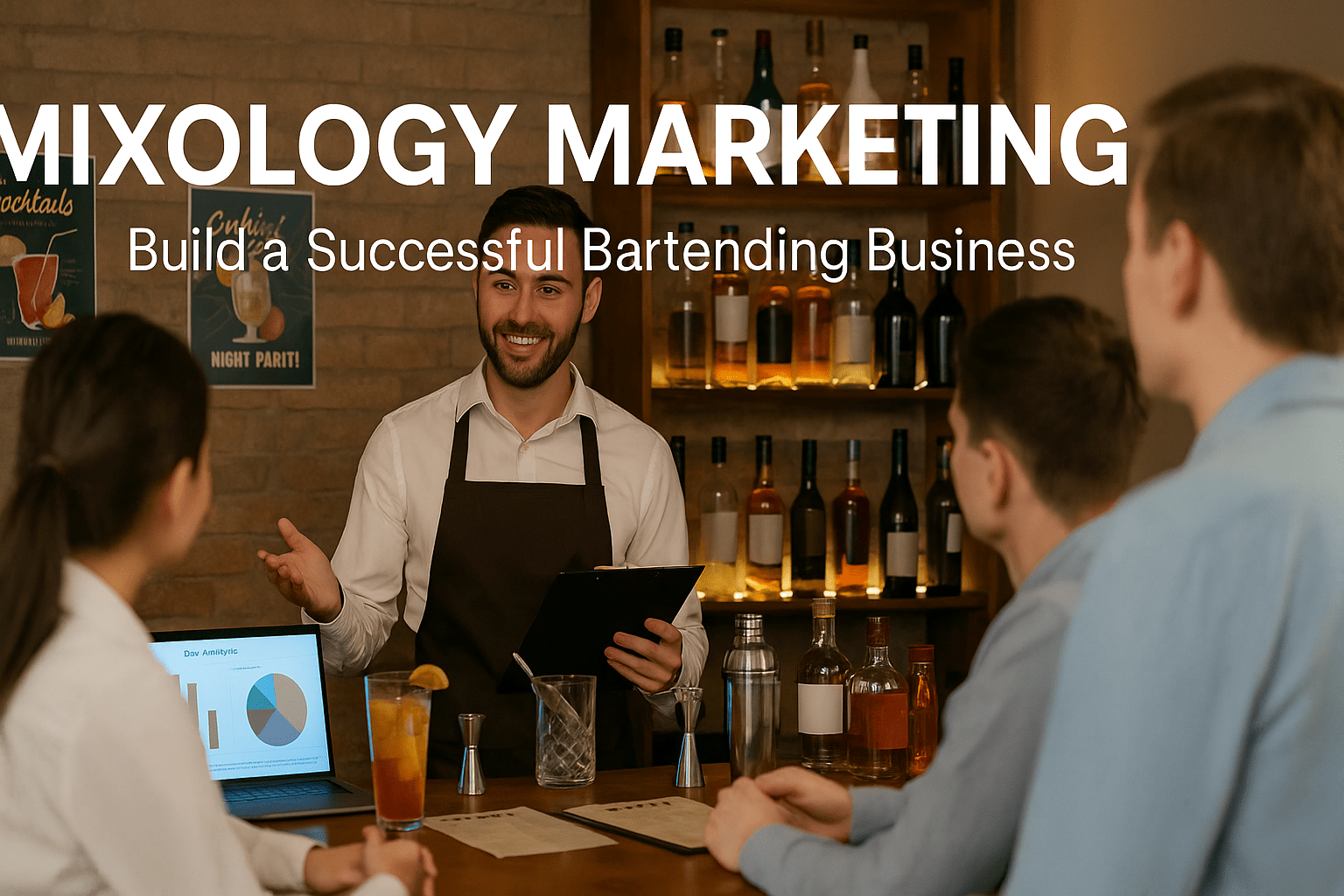 bartender presenting marketing strategy for mixology business with laptop and cocktail setup
