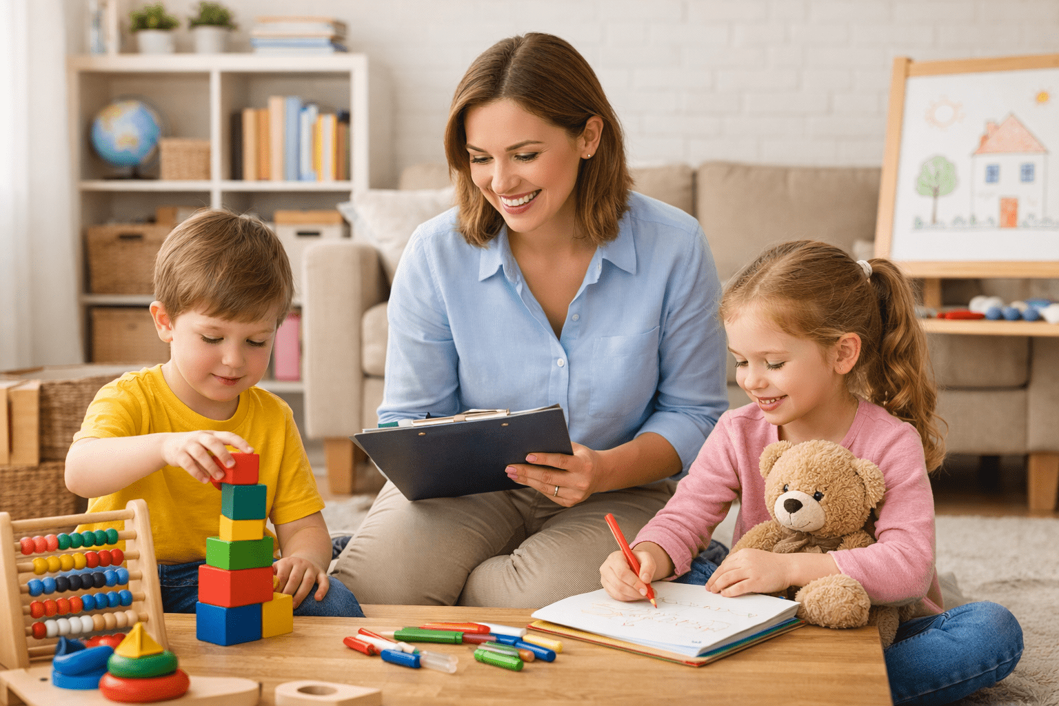 Professional nanny caring for young children during nanny training diploma Level 3 course in a safe home learning environment