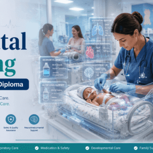 Neonatal nurse providing specialised care to a newborn in a NICU during Neonatal Nursing Diploma training.