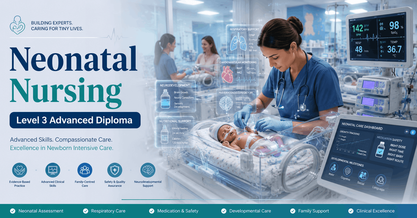 Neonatal nurse providing specialised care to a newborn in a NICU during Neonatal Nursing Diploma training.