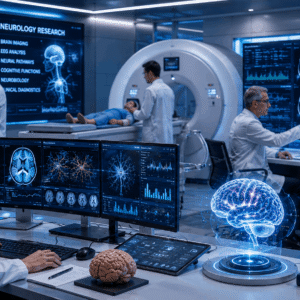 Neurology specialists analysing brain scans during an advanced Neurology Course session