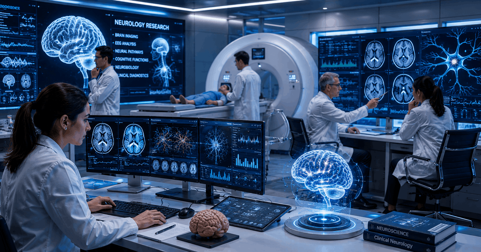 Neurology specialists analysing brain scans during an advanced Neurology Course session