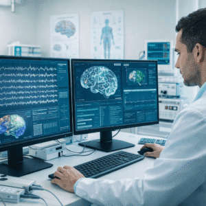 Neurophysiology Diploma showing a medical professional analysing EEG brain activity on a digital screen in a clinical lab
