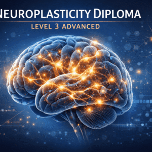 Neuroplasticity Diploma Level 3 course showing a glowing human brain with neural pathways forming and strengthening