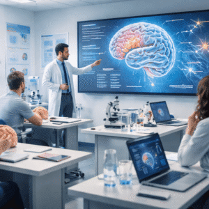 Neuroscience diploma Level 3 students studying brain anatomy and neural pathways in a professional neuroscience training lab