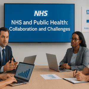 NHS and public health professionals collaborating in a modern healthcare meeting room.