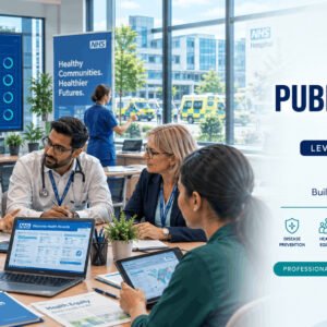NHS Public Health course featuring healthcare professionals collaborating using digital health data in a modern hospital setting.