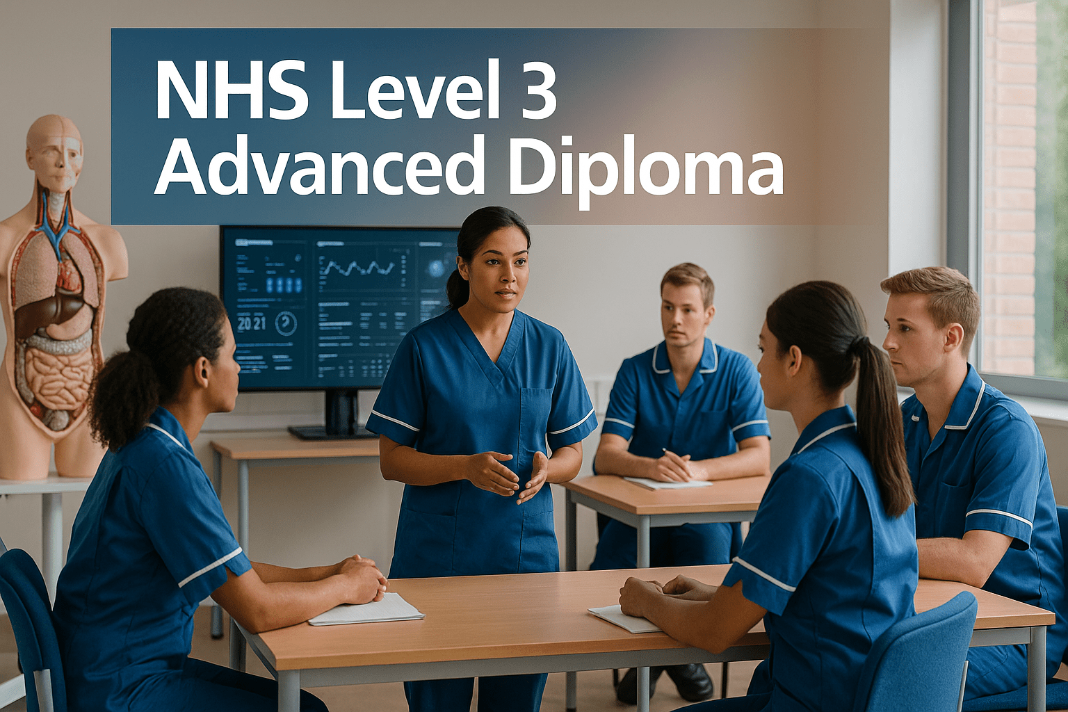 NHS system training classroom with healthcare staff learning UK health service management.