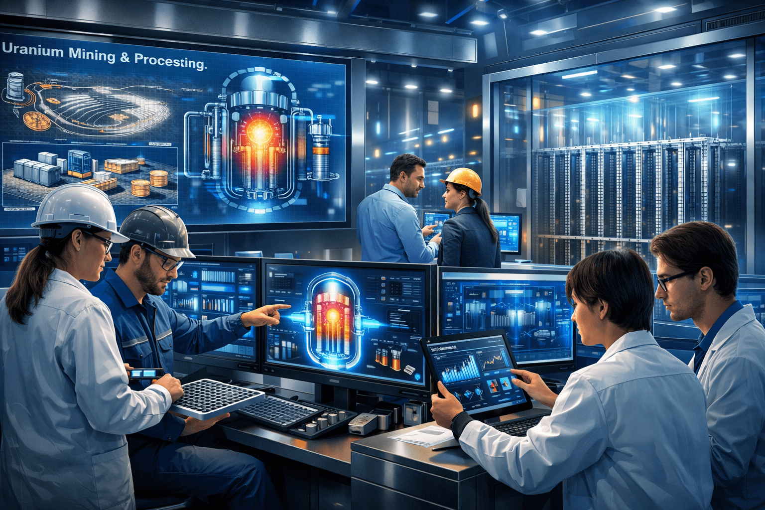Students learning nuclear fuel cycle systems in a modern reactor control and fuel processing environment